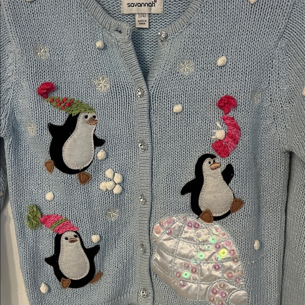 Savannah Kids' Light Blue Penguin Cardigan Sweater - Picture 6 of 7